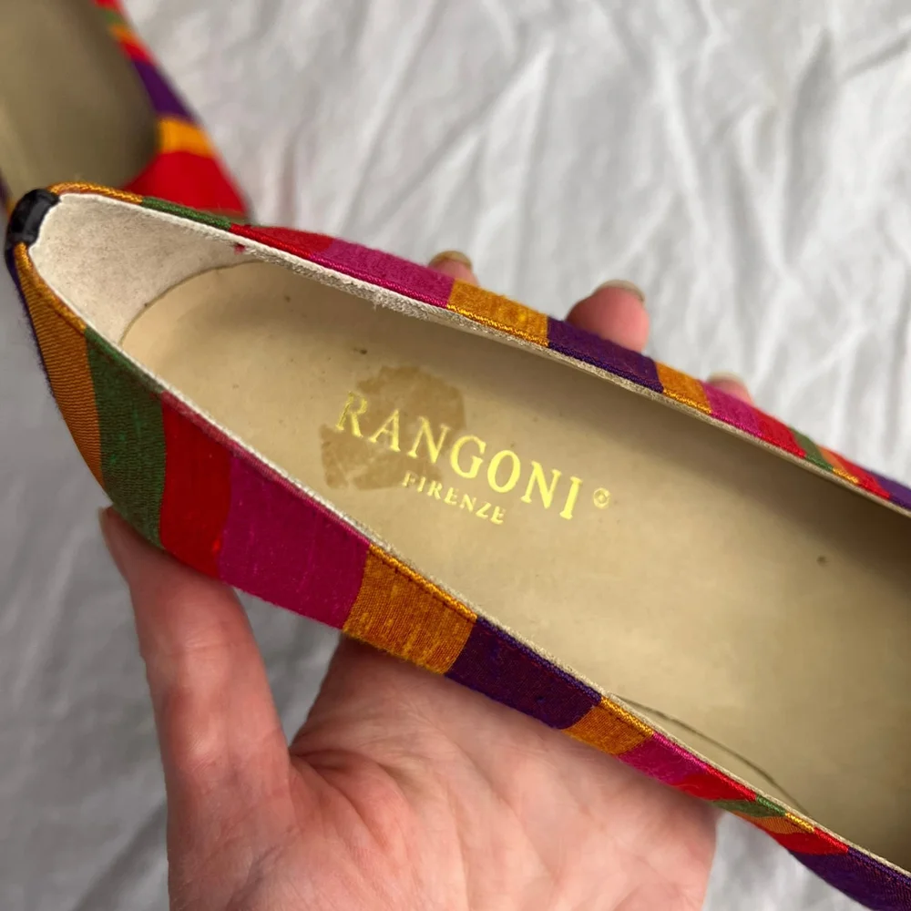 VTG Rangoni Firenze Italian Leather Silk Pumps Rainbow Striped Sz 8 AAA